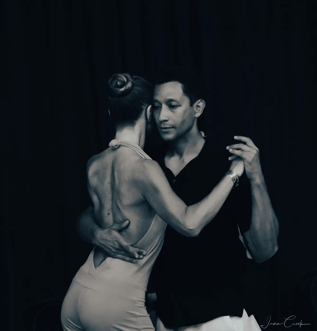 Argentine tango couple in a close embrace